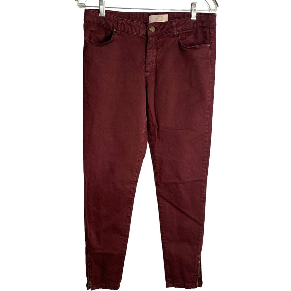 Zara Basics Ankle Zip Skinny Jeans 10 Maroon Red Jeggings Pockets Mid Rise